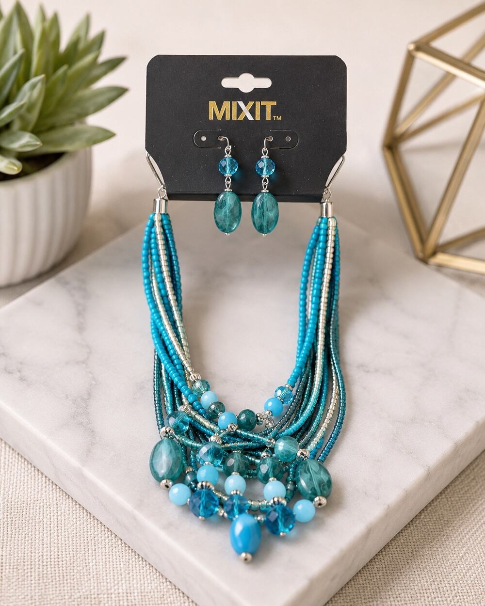 Mixit Layered Blue & Silver Beaded Necklace Set with Matching Earrings Boho NWT